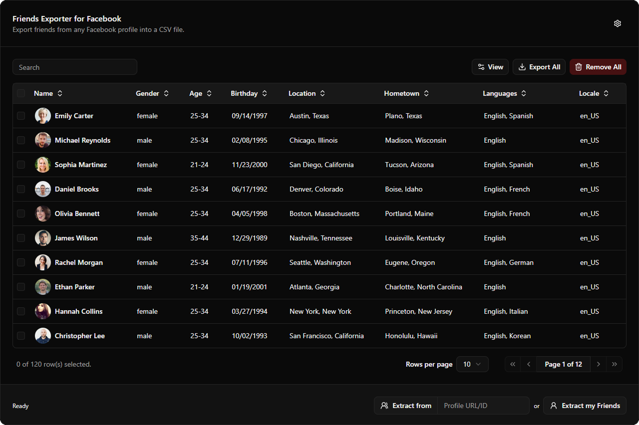 Friends and Followers Exporter interface showing Facebook profiles ready to export